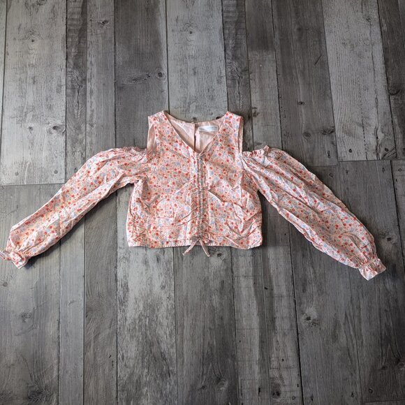 Zara, Cold Shoulder Balloon Sleeve Floral Top, Pink w red/blue print, Sz 11 - 12 - Picture 2 of 9